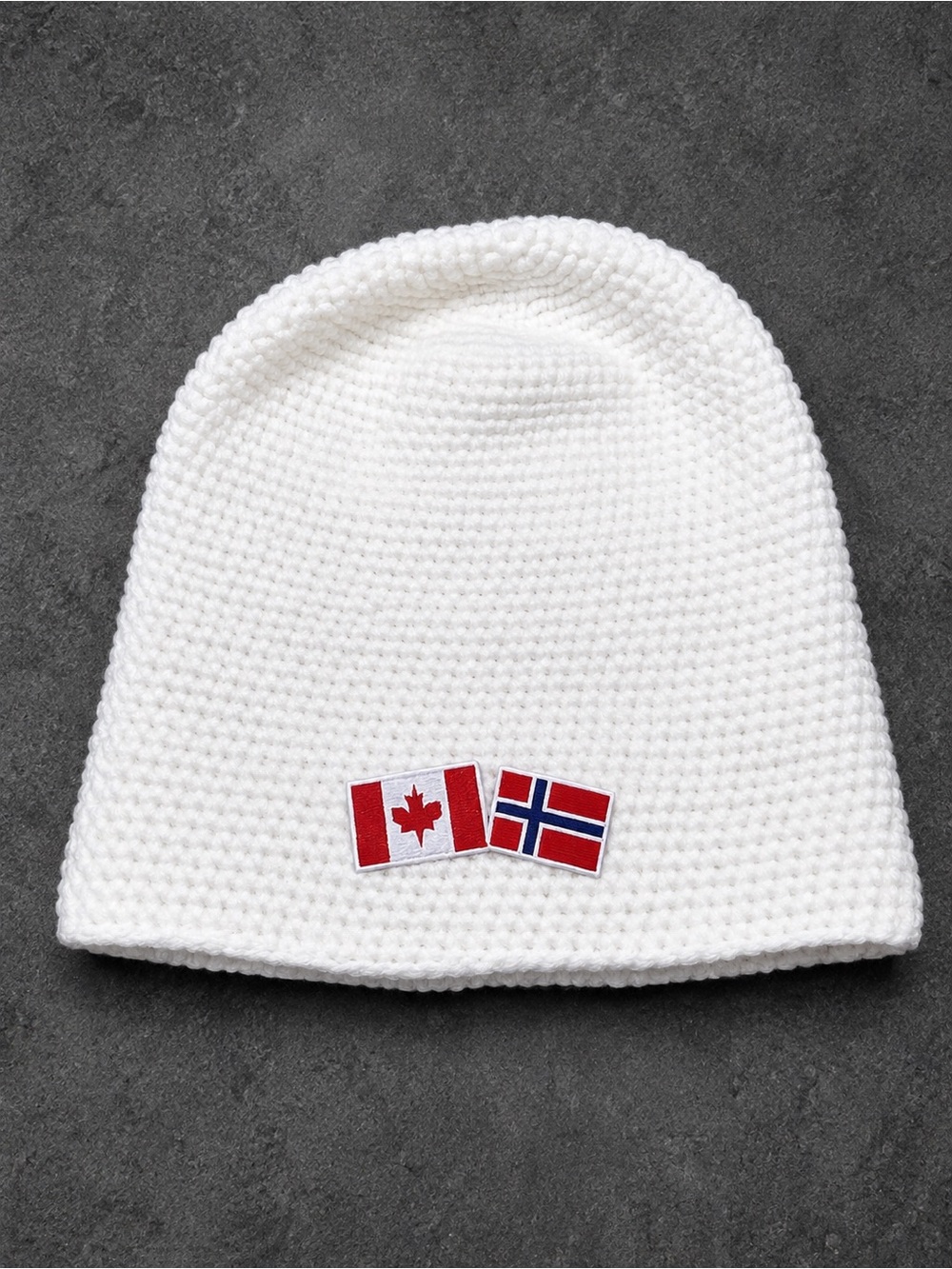White Crochet Beanie with Canadian and Norwegian Flag Patches